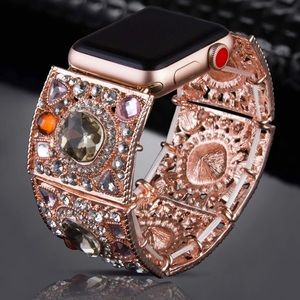 Rose Gold Rhinestone & Beaded Apple Watch Band 38mm/40mm made of durable alloy.